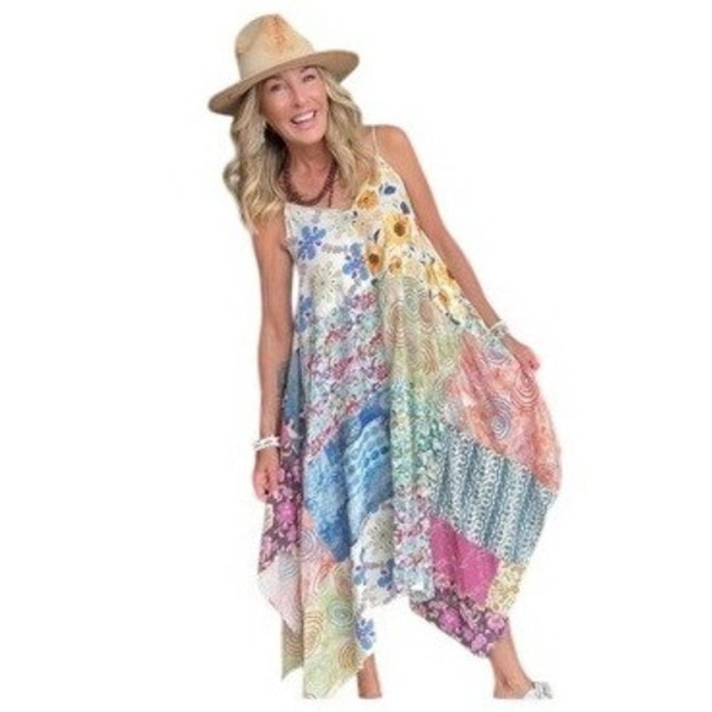 Yak & Yeti Patchwork Sharkbite Midi Dress Floral Boho Multi L/XL